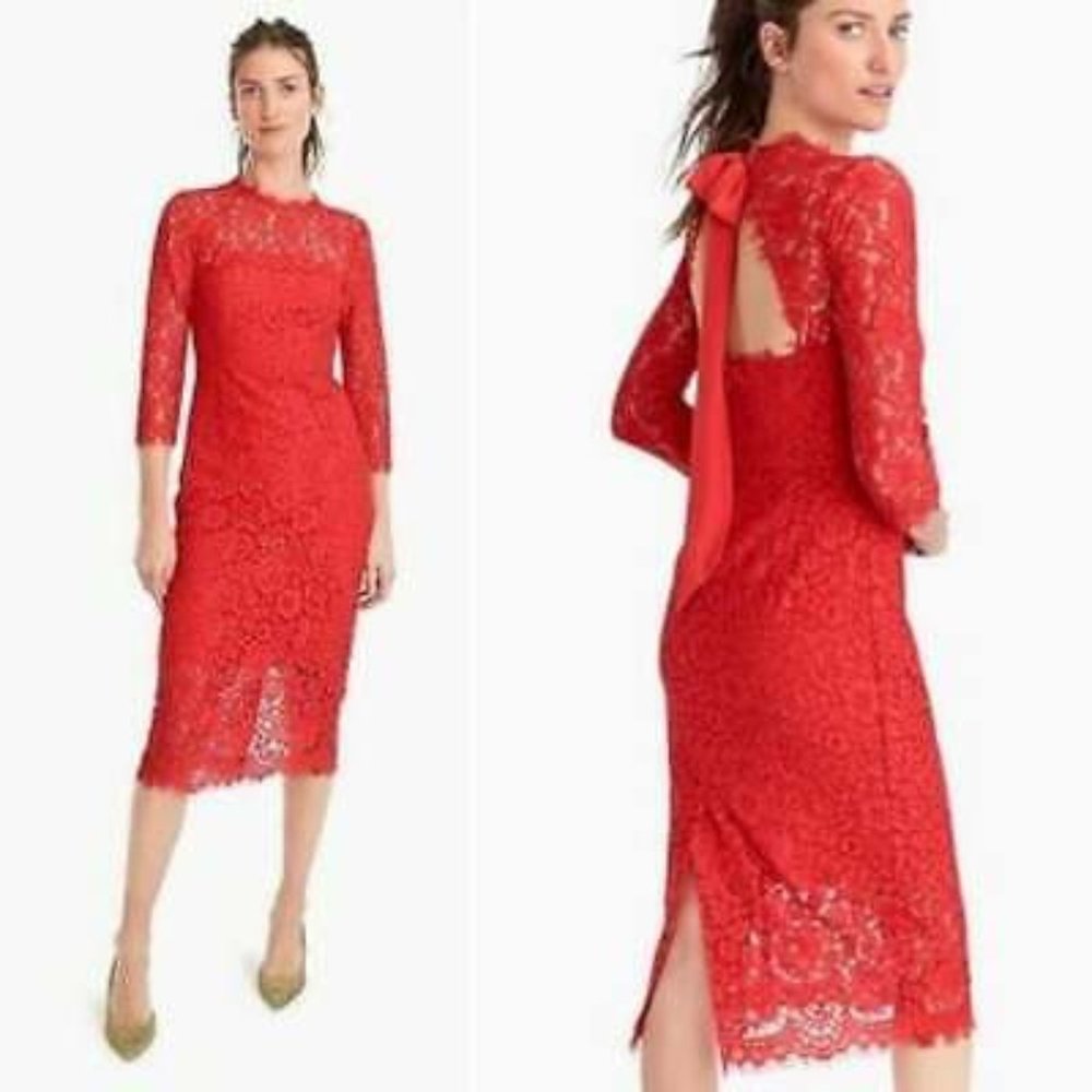 NWT J.Crew Red Lace Bow Back Midi Cocktail Dress